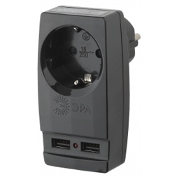 SP-1e-USB-B ЭРА Адаптер Polynom 1гн 220V + 2xUSB 2100mA, c заземл, (черный)